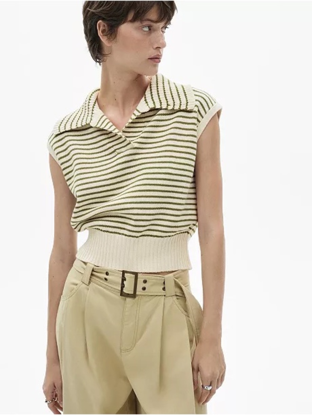 Elie Tahari Striped V-Neck Sleeveless Sweater in Cream and Olive